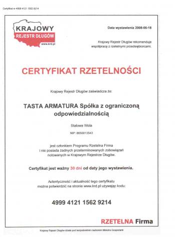 Certyfikat Rzetelności dla naszej firmy